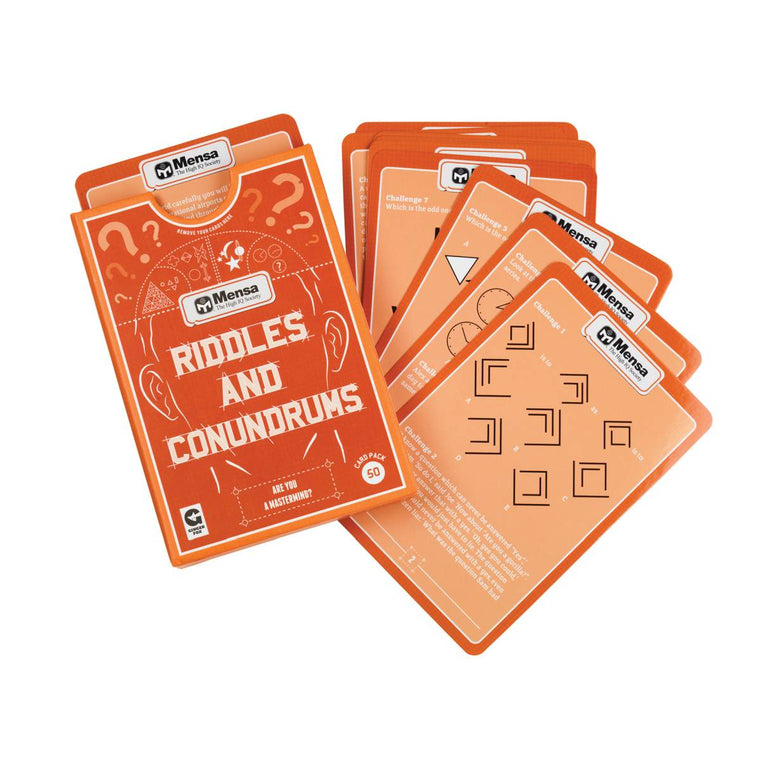 On top of the fanned cards with different questions and puzzles is the orange packaging box with 'riddles and conundrums' capitalised in a sketched block font in the centre of the head illustration.