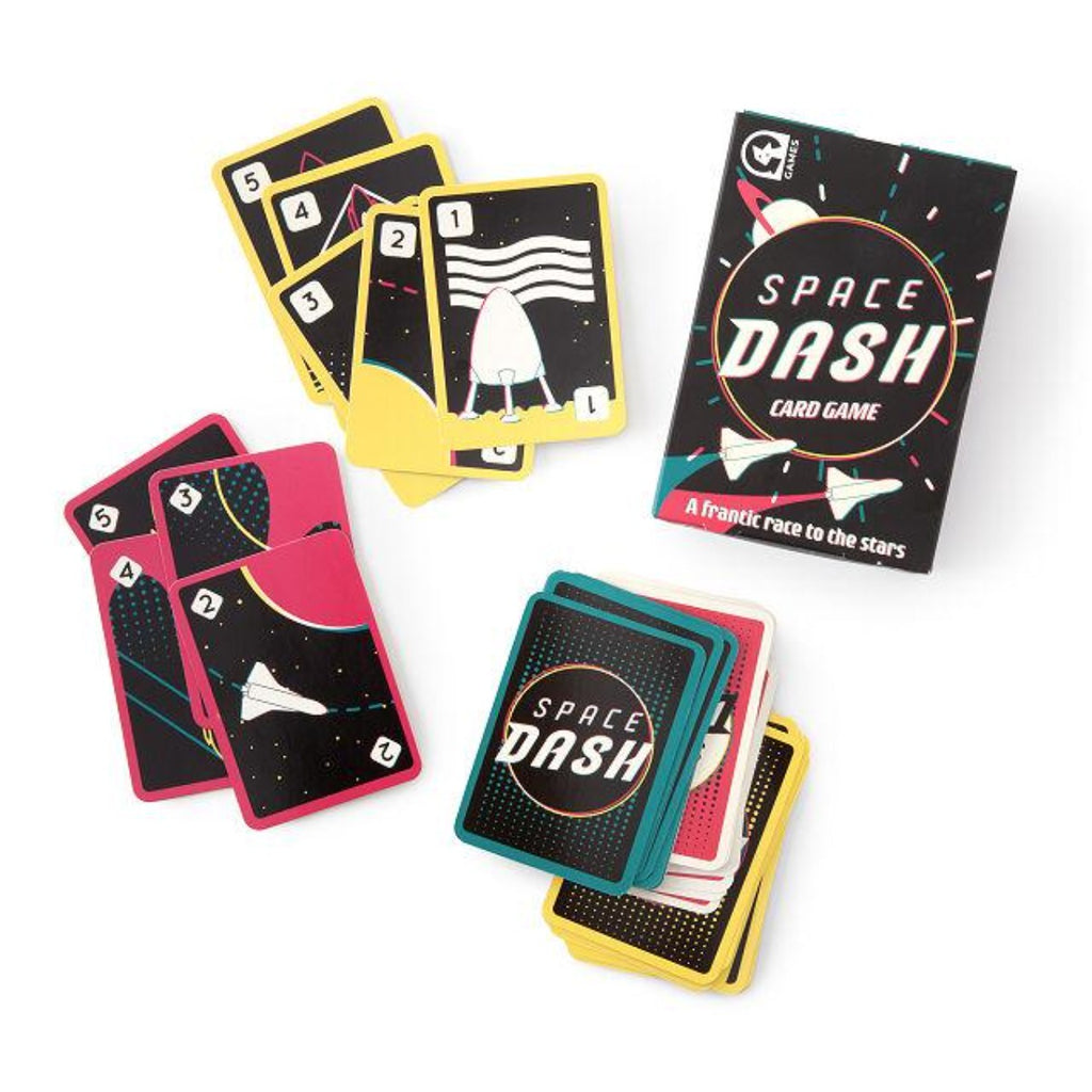 Image featuring the packaging of the space dash game including a variety of cards on display