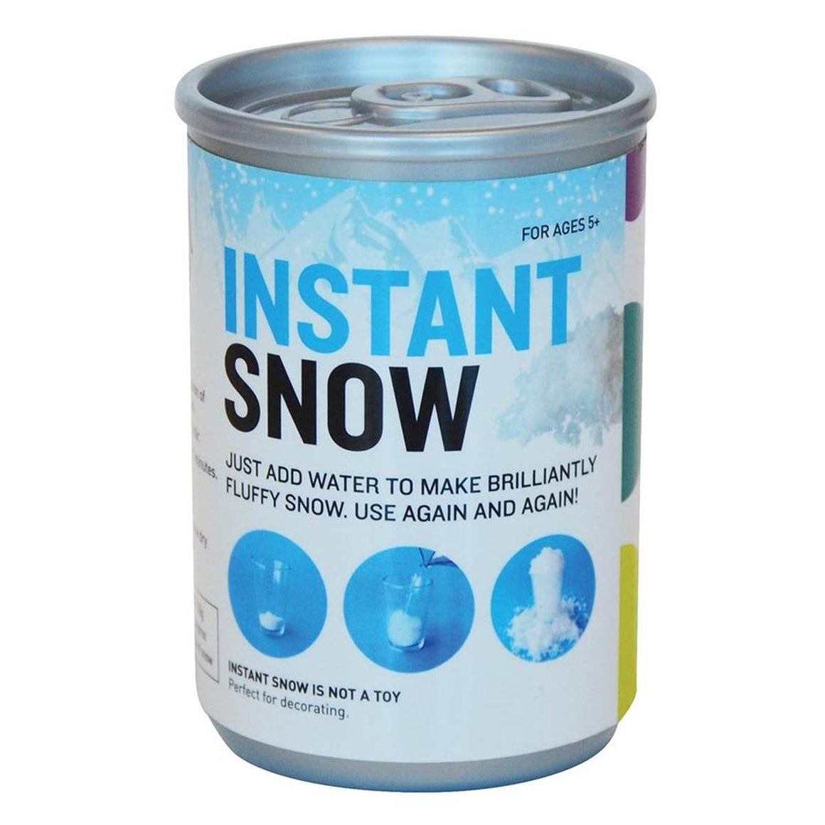 Packaging featuring images of snow, including images of instructions on how to make instant snow