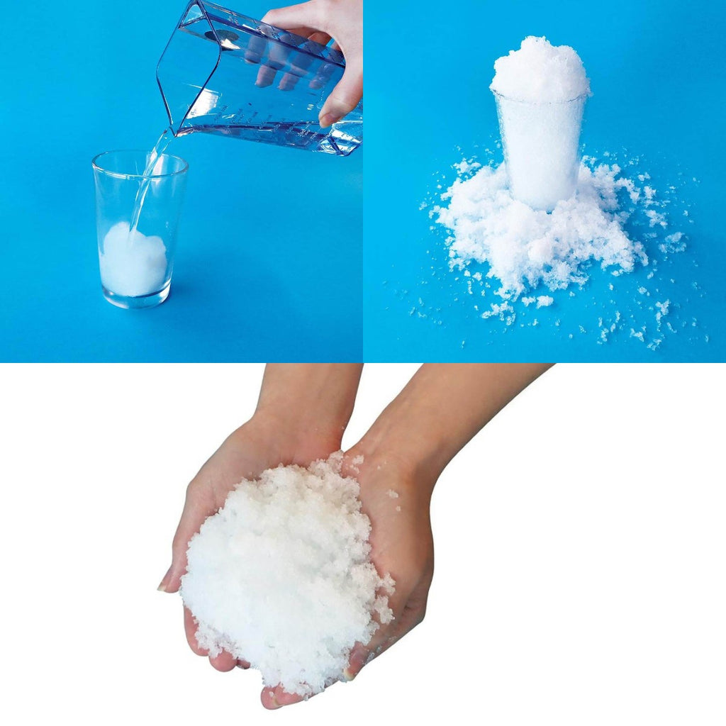 Image featuring how you make instant snow, first square features water being poured into a glass, the instant snow and then the instant snow in someones hands