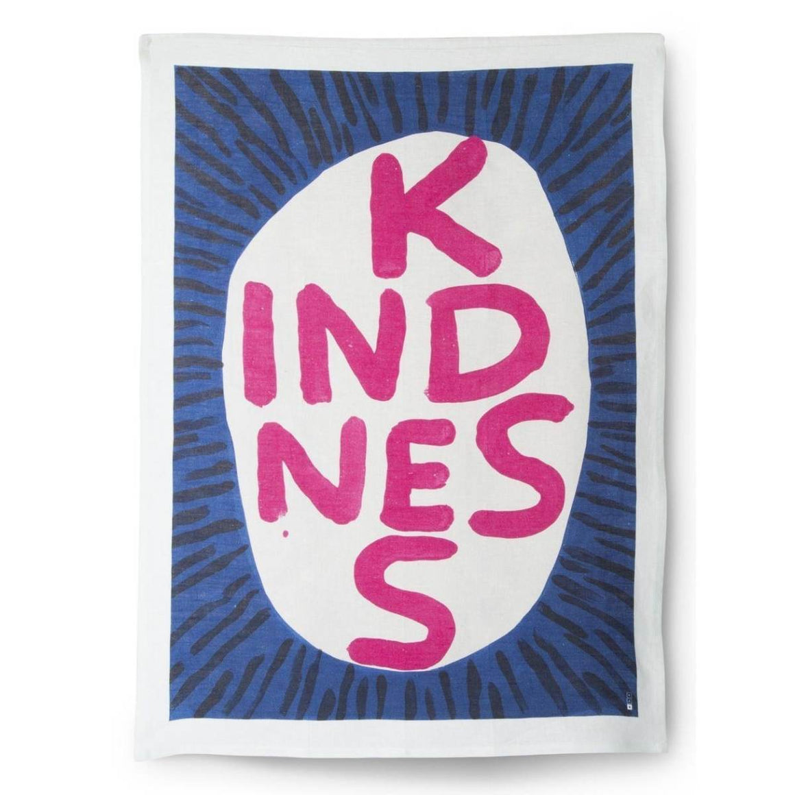 A white rectangular tea towel with a hand-painted capitalised text, 'KINDNESS' in pink inside a white circle surrounded by black lines on a cobalt background.