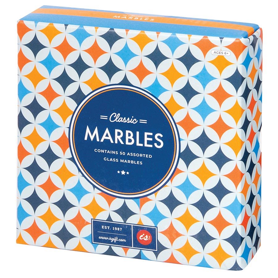 A square box has a navy, blue and orange pattern of inverted diamond inside a circle and a navy circle in the centre with 'classic marbles' in white. 