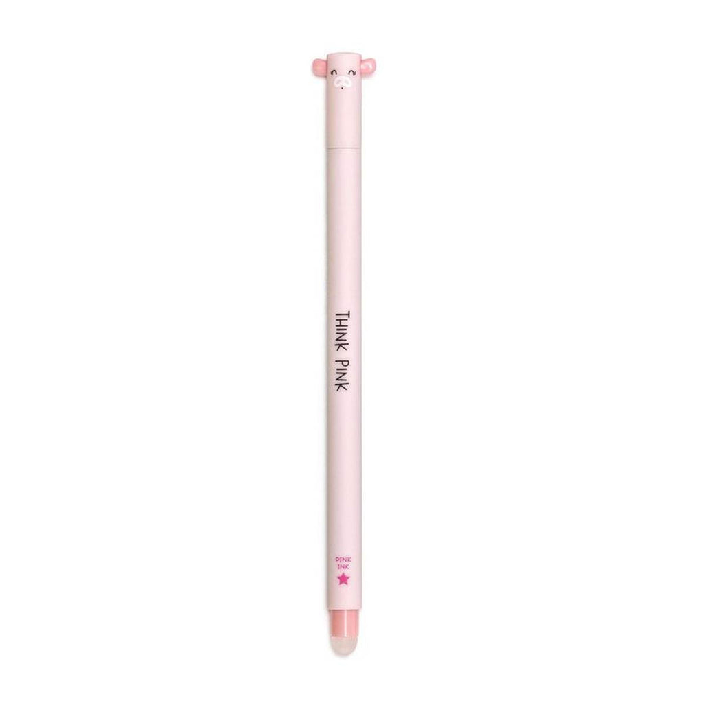 A pink slender pen with a round translucent rubber end and a pig face and ears on the tip of the cap. 