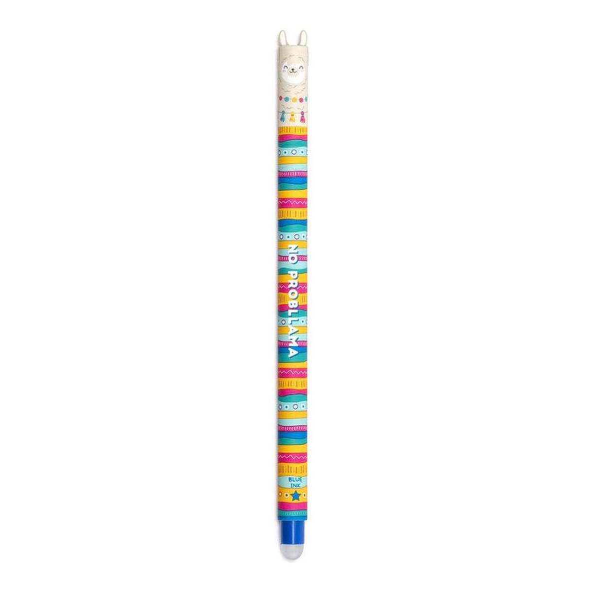 A slender colourful striped pen with a round translucent rubber end and a smiling llama on the tip of the cap.