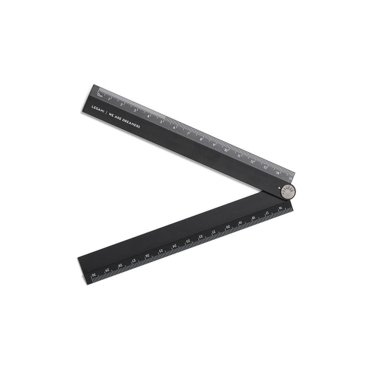 Two matte black small rulers joined by a degree bolt creates a folding ruler.