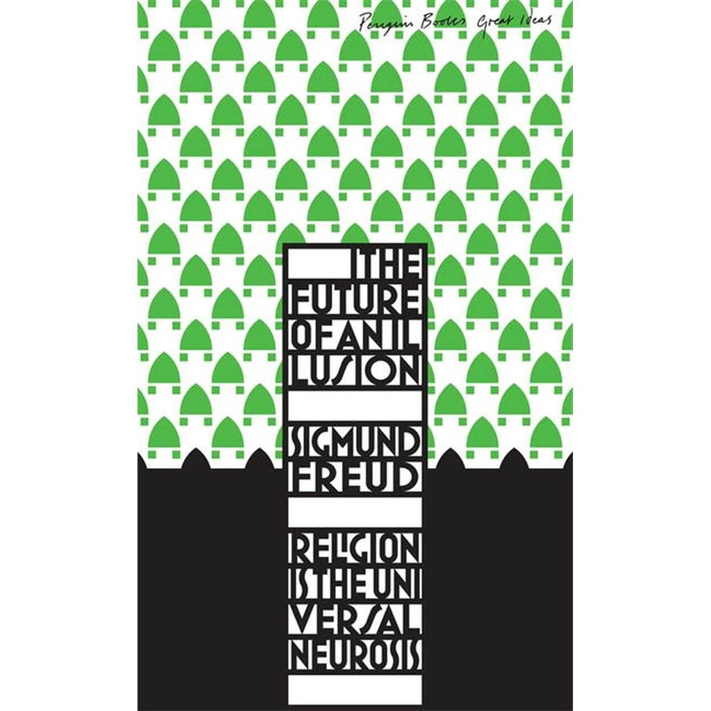Book cover of ‘The future of an illusion’ in an Art Deco black font against a white and green Art Deco pattern background with a solid black block on the bottom third. 