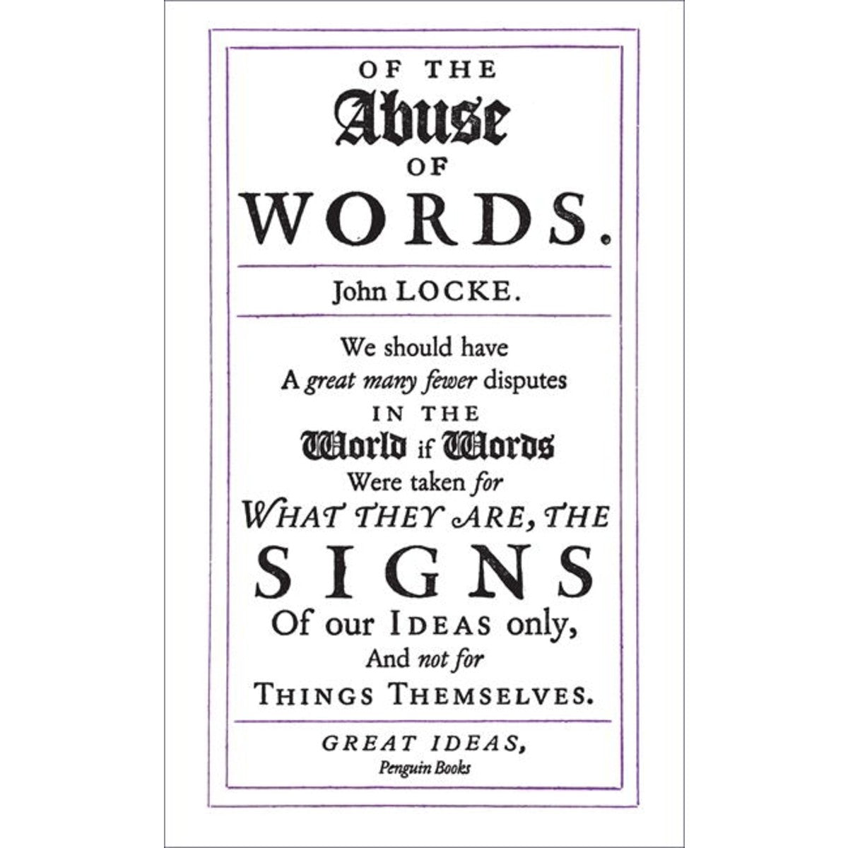 The title, ‘Of the Abuse of Words’, in black gothic serif text against the white book cover and purple fine lines boxing the text. 