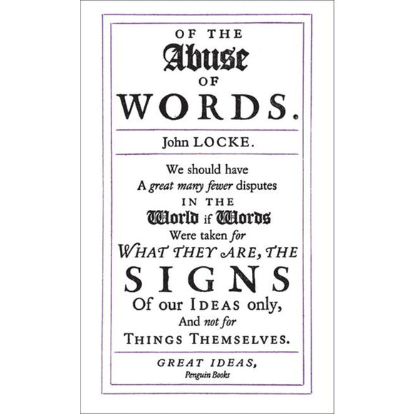 The title, ‘Of the Abuse of Words’, in black gothic serif text against the white book cover and purple fine lines boxing the text. 