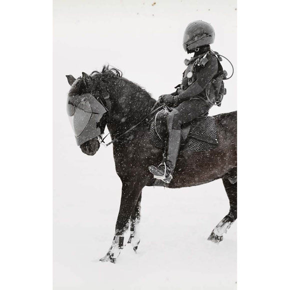 A book cover has a photograph of a person in black motorcycle gear and helmet riding a dark brown horse in white snow. 