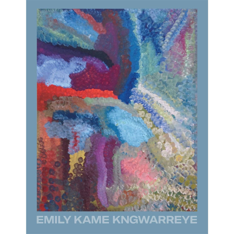 Book featuring one of Emily Kame Kngwarreye artworks which features colours such as blue, white, pink, purple, red, yellow and green