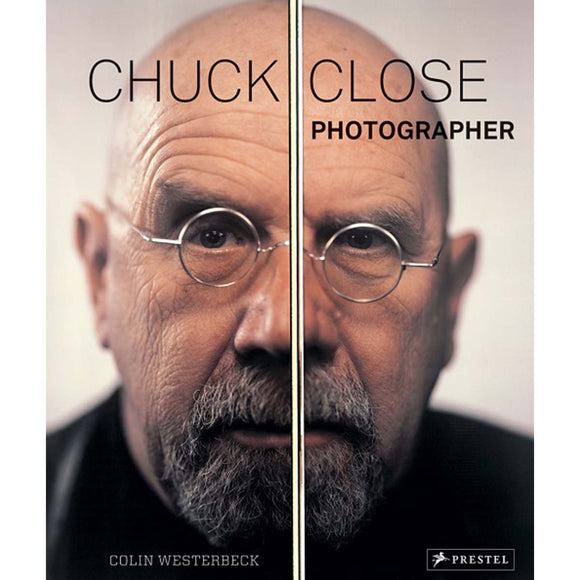 A book cover featuring a close up of Chuck close. His face is split down the middle by two lines.