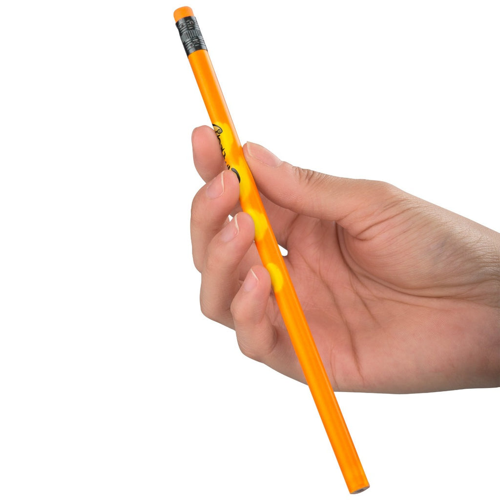 A hand holding an orange pencil with a heat-activated yellow print by the fingertips. 