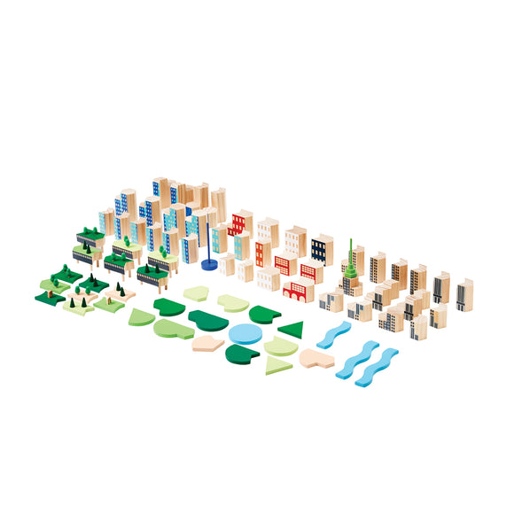 a Set of building blocks with pieces inspired by the buildings and public spaces of New York City