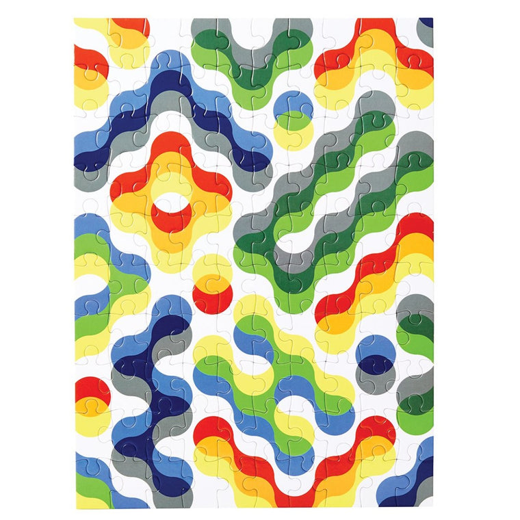 A 100 piece puzzle featuring an abstract design by Dusen Dusen. Squiggly shapes overlayed on a white background in bold and contrasting shades of blue, green, yellow, red, orange and grey.