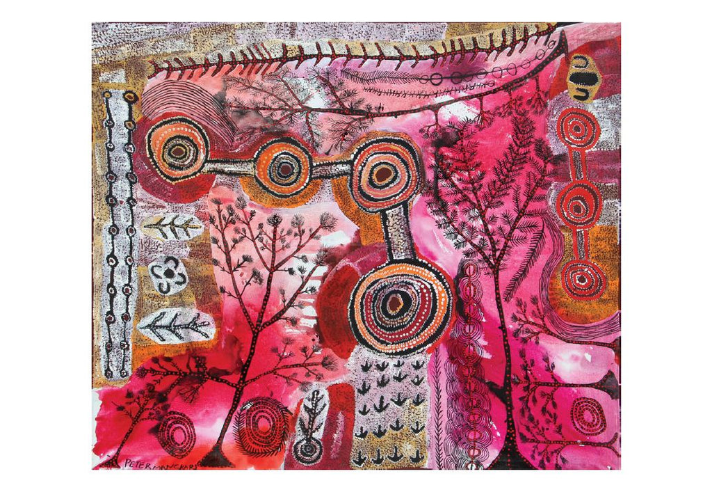 A horizontal postcard with a white border depicts Alec Baker and Peter Mungkuri's 'Ngura (Country)' featuring various pink shades brushed among the trees, emu track prints and connected circle motifs iconic to the Aboriginal art. 