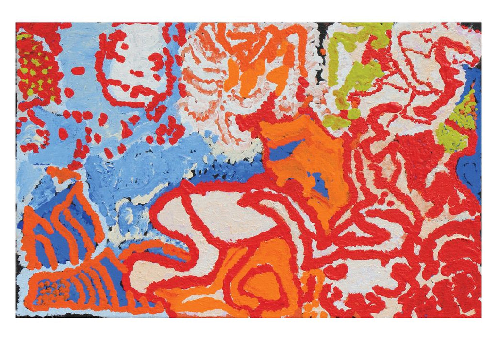 A horizontal postcard with a white border depicts Angkuna Baker's 'Areyonga' featuring an abstract painting of blue, red, orange, white and green using thick brush dots. 