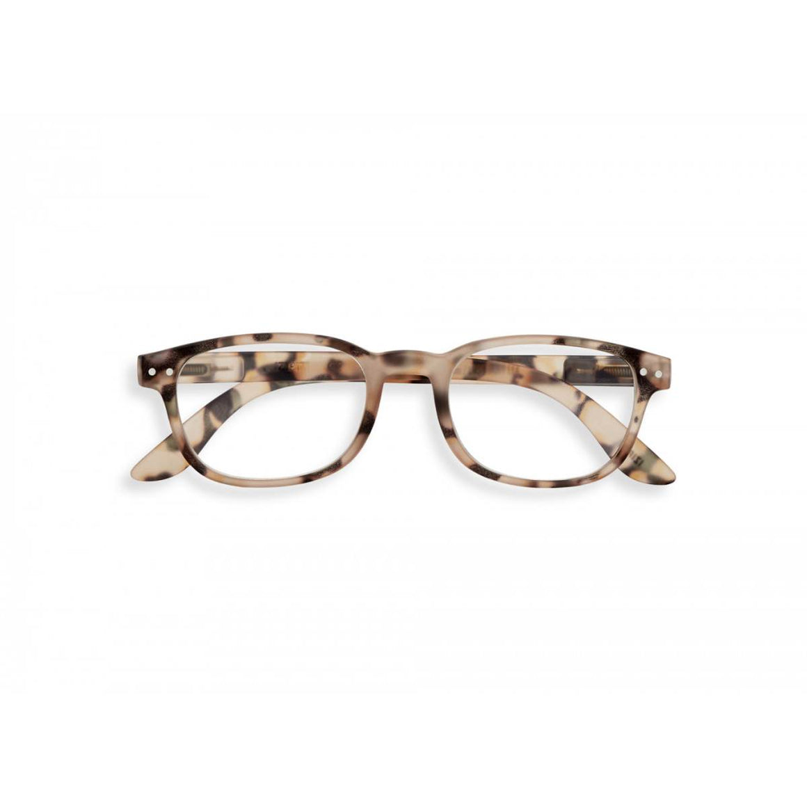 A pair of magnifying reading glasses. The frames are an elegant, classic, rectangular shape in a mottled light tortoise shell finish.