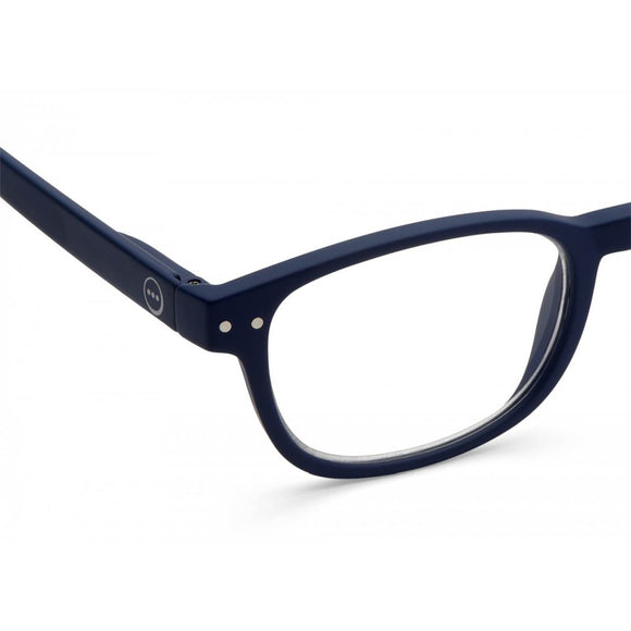 A navy blue pair of magnifying reading glasses. The frames are an elegant, classic, rectangular shape.