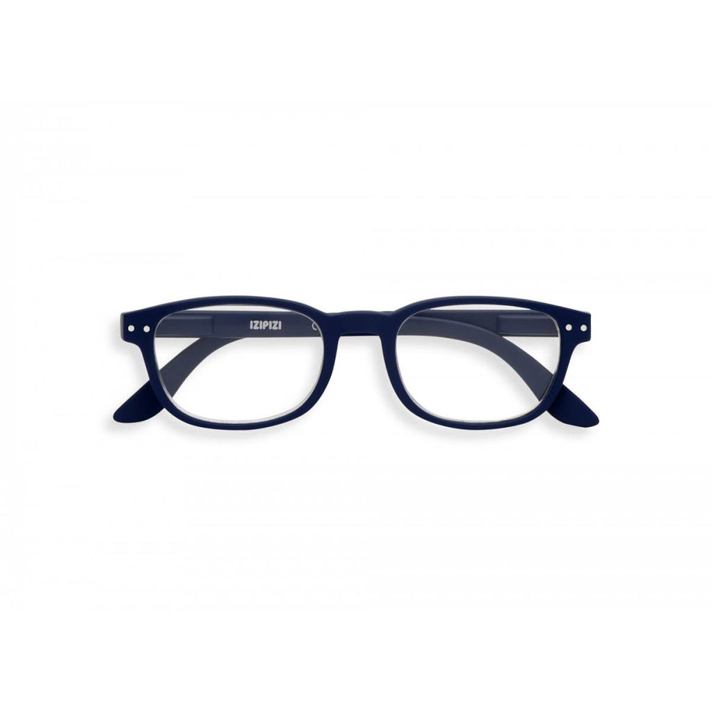 A navy blue pair of magnifying reading glasses. The frames are an elegant, classic, rectangular shape.
