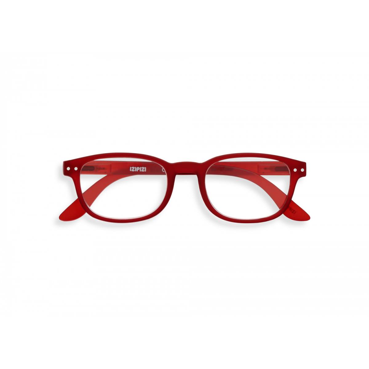 A slightly translucent red pair of magnifying reading glasses. The frames are an elegant, classic, rectangular shape.