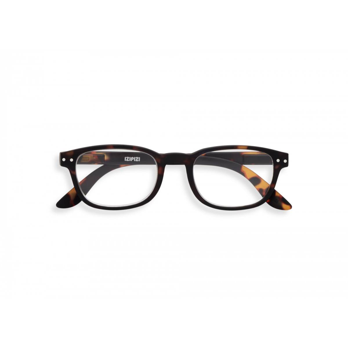 A pair of magnifying reading glasses. The frames are an elegant, classic, rectangular shape in a mottled classic tortoise shell finish.