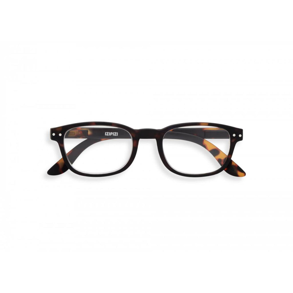 A pair of magnifying reading glasses. The frames are an elegant, classic, rectangular shape in a mottled classic tortoise shell finish.
