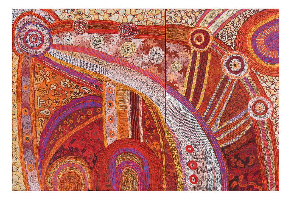 A horizontal postcard with a white border depicts Betty Chimney and Raylene Walatinna's 'Nganampa Ngura (Our Country)' featuring intricate line and circle patterns created by dot painting of orange, red, violet, white, yellow and brown.