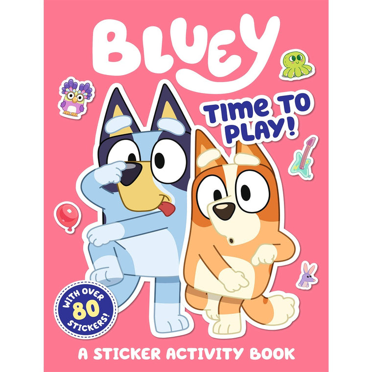 The cover of a children's book entitled " Bluey Time to Play! A sticker activity book" Two dogs, Bluer and another, are shown pointing to their body parts surrounded by stickers of animals, a guitar and a balloon.