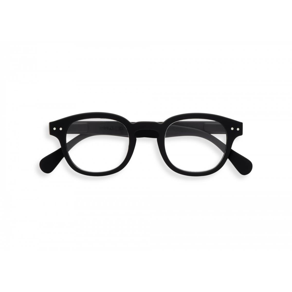 A black pair of magnifying reading glasses. The frames are an stylish, bold, square shape.