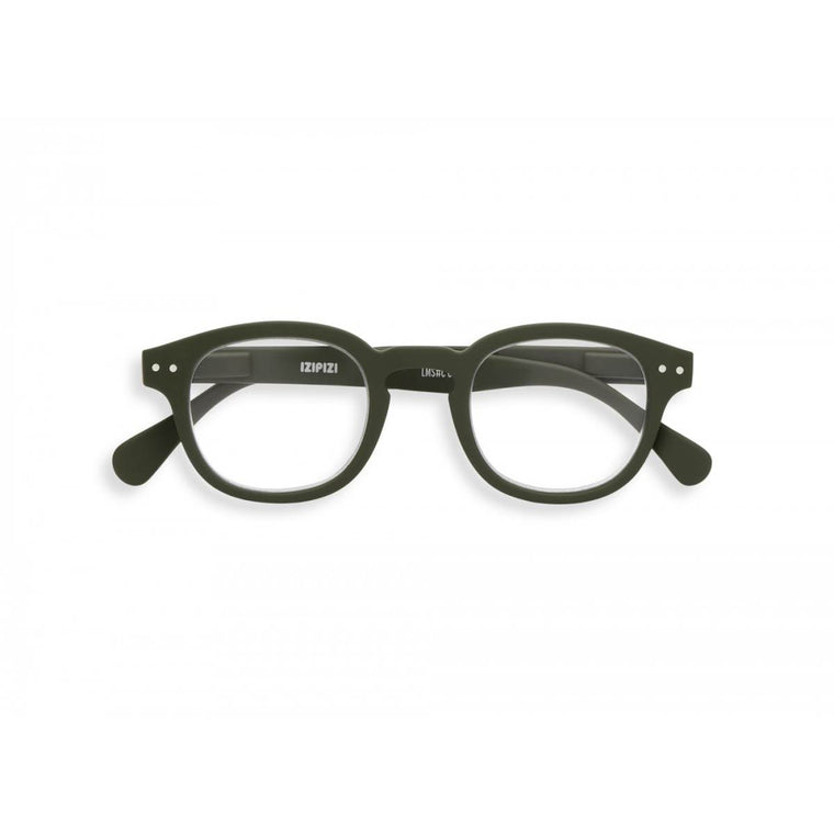 A khaki green pair of magnifying reading glasses. The frames are an stylish, bold, square shape.