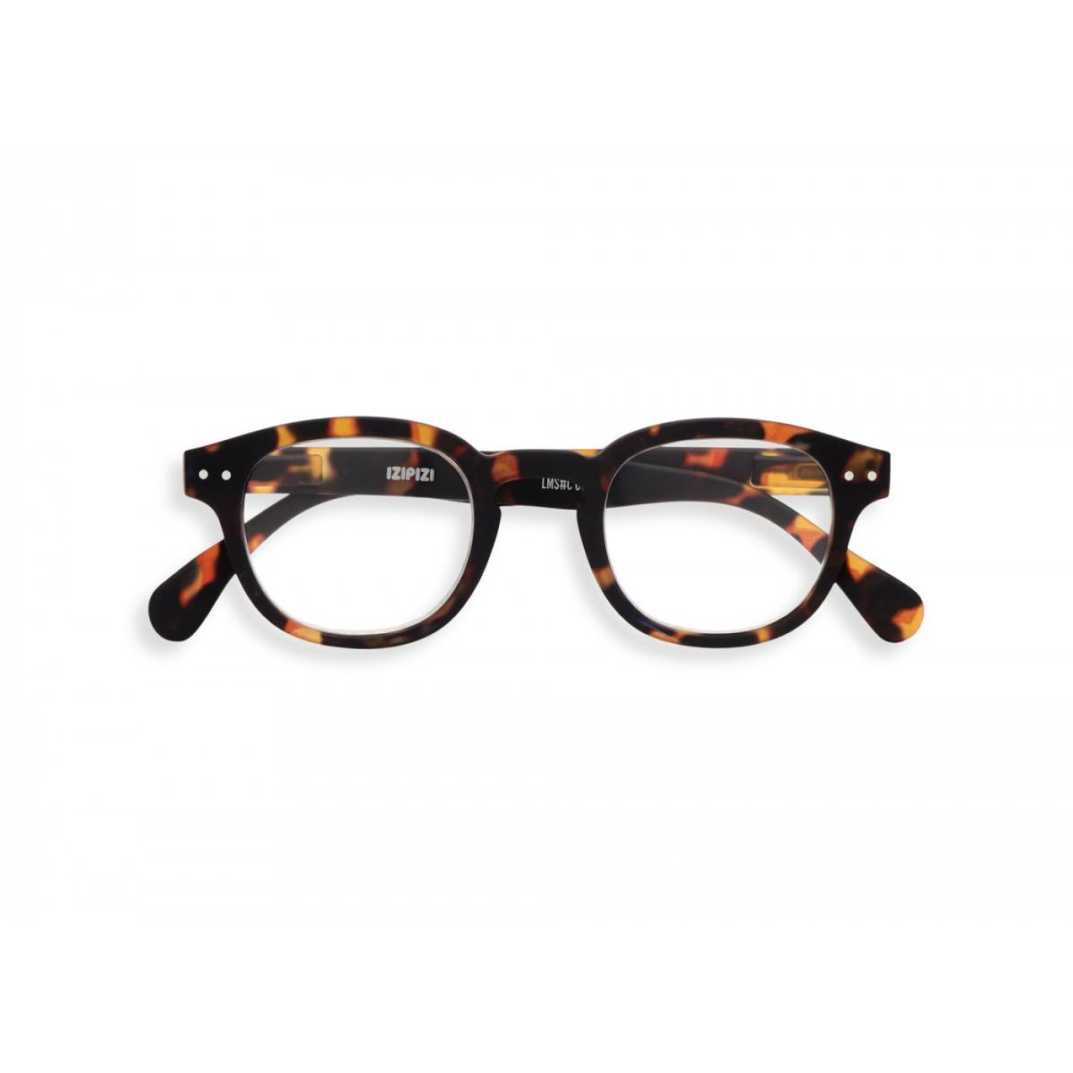 A pair of magnifying reading glasses. The frames are an stylish, bold, square shape in a mottled classic tortoise shell finish.