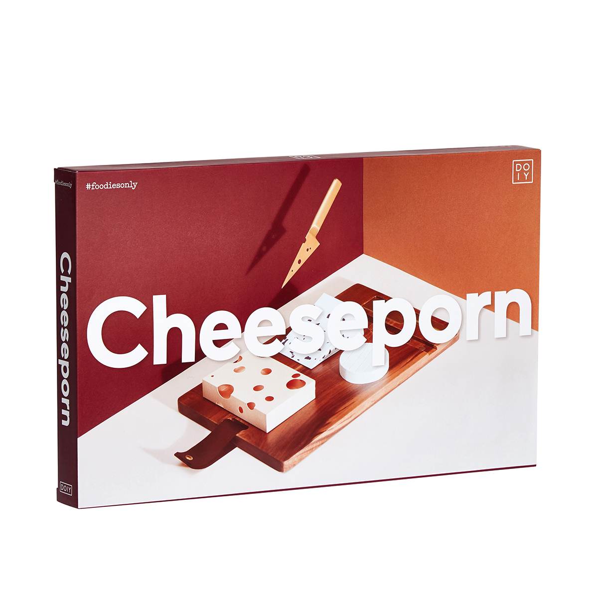 The maroon and white packaging box with ‘Cheeseporn’ in bold san-serif text above an image of the board and knife. 