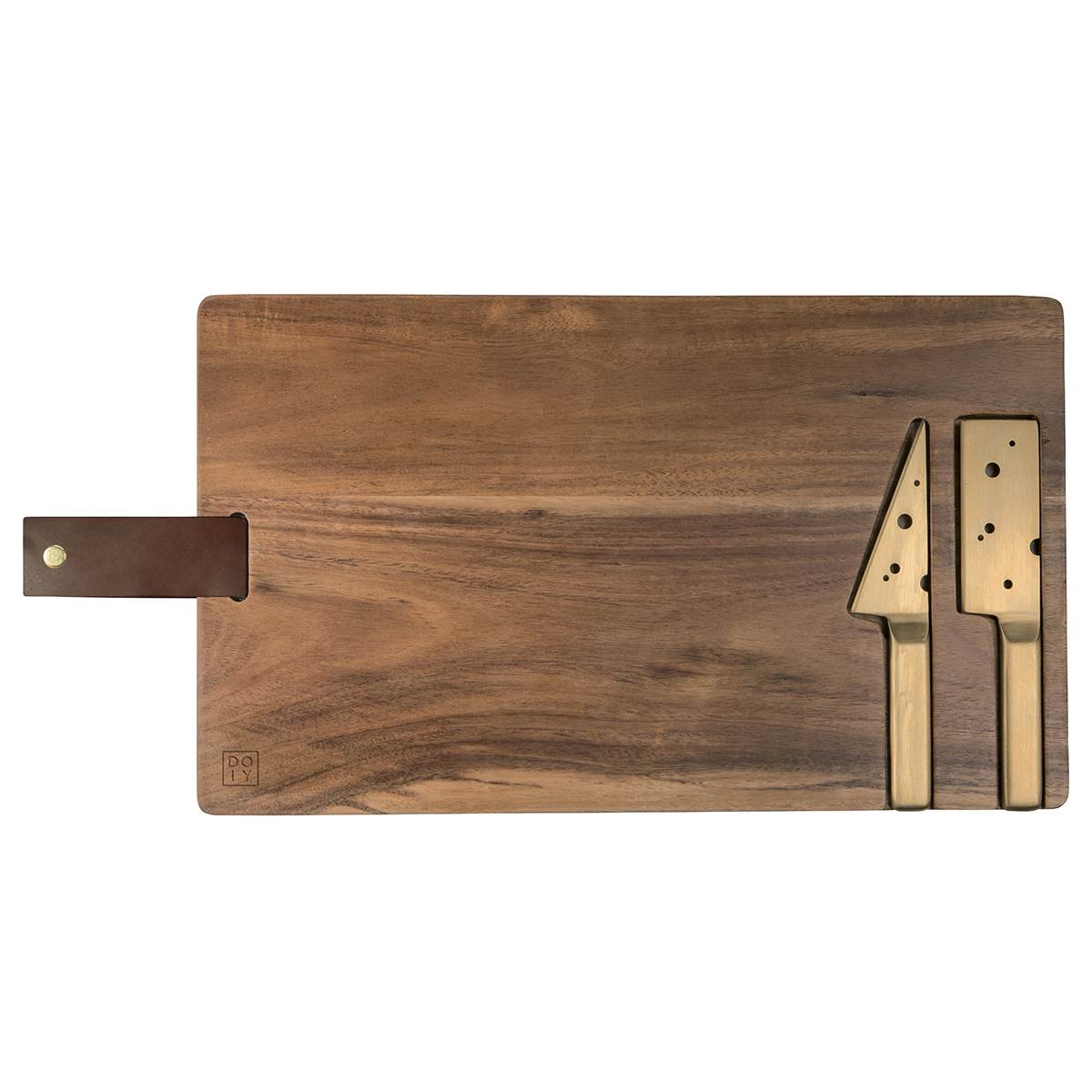 A rectangular Cheese serving board in a dark Acacia wood. Two gold tones knives are inset into recesses in the board. They are stylised and the blades contain holes mimicking a Jarlsberg holey cheese. There is a dark brown leather hanging strap attached.