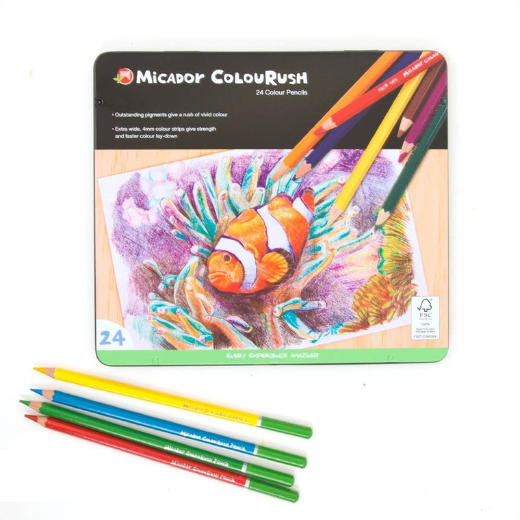 A tin set of 24 Coloured pencils. The tin displays a pencil drawing of a clownfish.