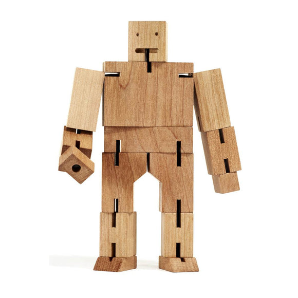An animated gif of a wooden robot puzzle toy made of natural interconnected wood pieces. Shown in multiple poses including being folded into a cube shape.