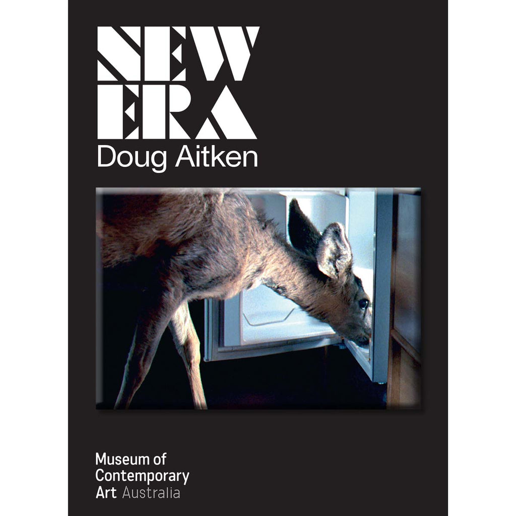 On a black packaging is a rectangular magnet with a photograph of a deer with its nose inside a fridge. Above the badges on the top left corner is "new era", capitalised in white block font with "Doug Aitken" in sans-serif font below it. 