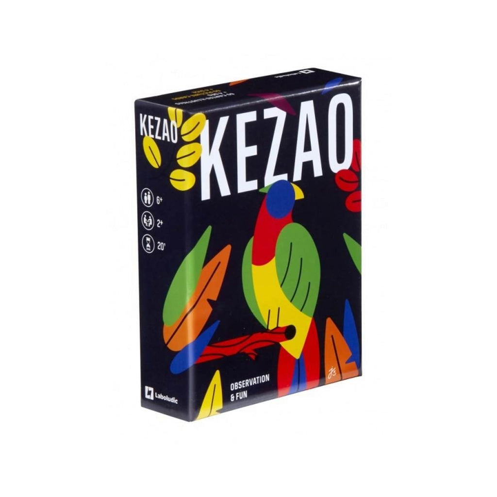 A black rectangular box has colourful leaves framing a rainbow parrot and 'kezao' capitalised on the top in white.