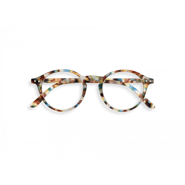 A pair of magnifying reading glasses. The frames are an round, timeless, best-selling shape in a mottled blue tortoise shell finish.