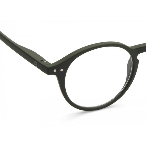 A pair of khaki green magnifying reading glasses. The frames are an round, timeless, best-selling shape.
