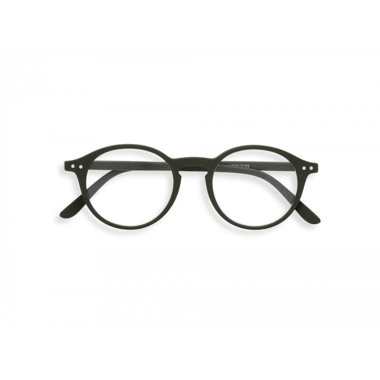 A pair of khaki green magnifying reading glasses. The frames are an round, timeless, best-selling shape.