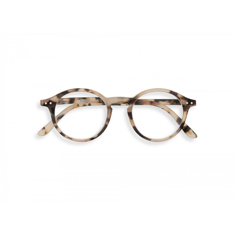 A pair of magnifying reading glasses. The frames are an round, timeless, best-selling shape in a mottled light tortoise shell finish.