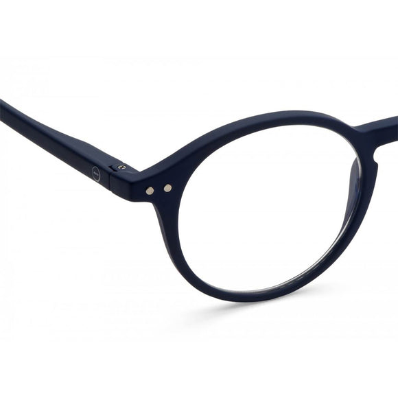 A pair of navy blue magnifying reading glasses. The frames are an round, timeless, best-selling shape.