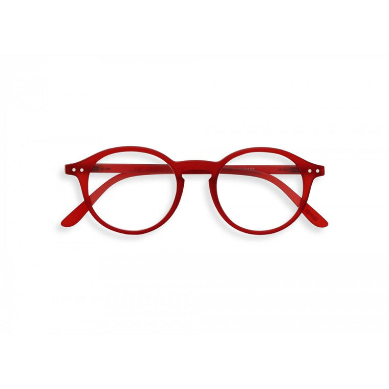 A pair of slightly translucent red magnifying reading glasses. The frames are an round, timeless, best-selling shape.