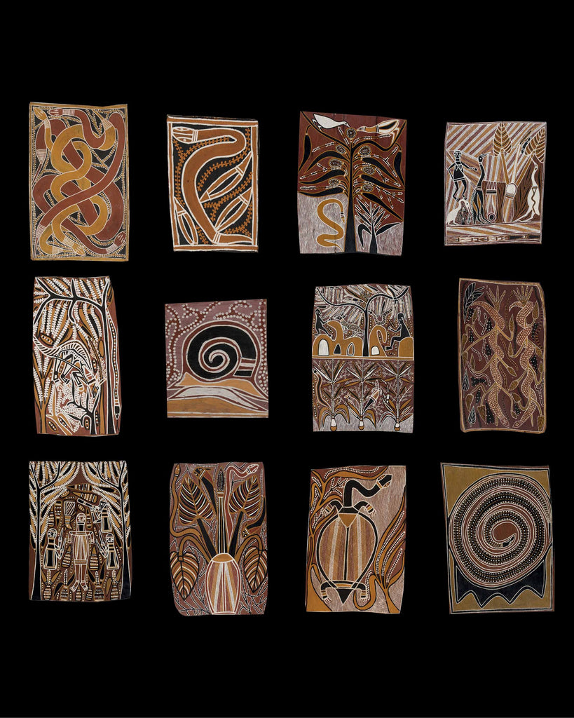 Against the black background in a grid are twelve different bark paintings by David Malangi Daymirringu using white and earthy tones in the colour palette. Some artworks have imageries of snakes, turtles, human figures and trees using dot and line patterns. 
