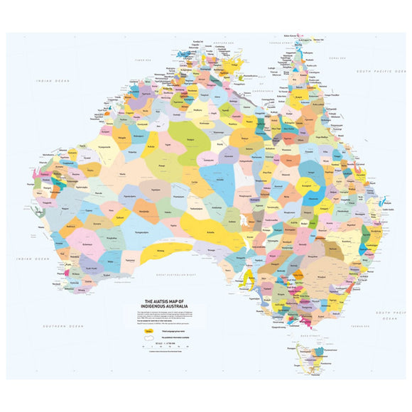 The cover of a fold out map titled " AIATSIS Map of Indigenous Australia". That map on the cover shows the continent of Australia broken up into the different indigenous language groups.