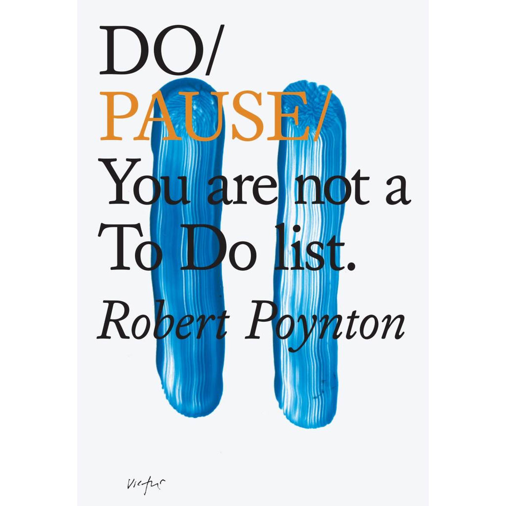 A white book cover with two finger painted blue lines in the shape of a pause symbol.