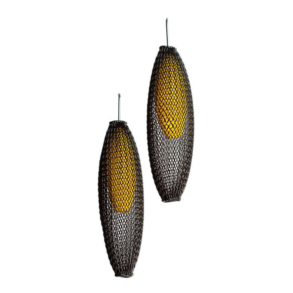 A pair of black and yellow earrings made from finely woven nylon mesh. Yellow Mesh tubes are visible contained inside Black mesh tubes.