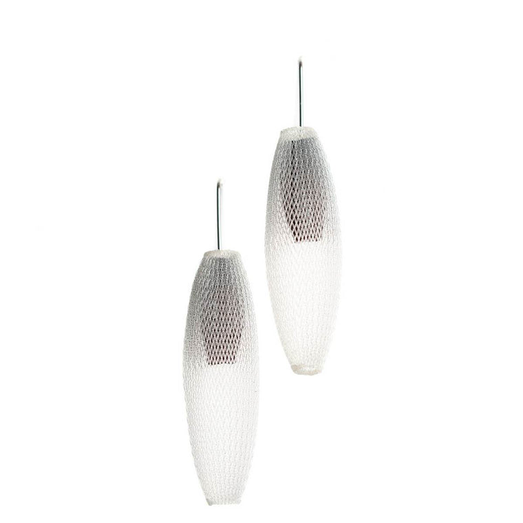A pair of Clear and Black and blue earrings made from finely woven nylon mesh. Black Mesh tubes are visible contained inside clear mesh tubes.