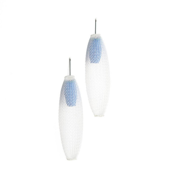A pair of clear and blue earrings made from finely woven nylon mesh. Blue Mesh tubes are visible contained inside clear mesh tubes.