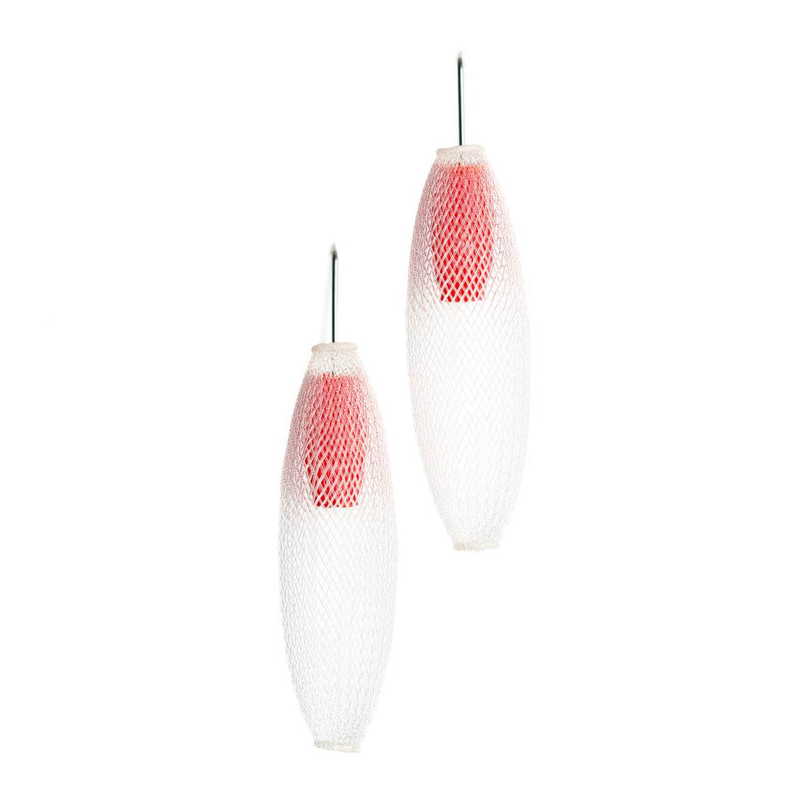 A pair of clear and red earrings made from finely woven nylon mesh. Red Mesh tubes are visible contained inside clear mesh tubes.
